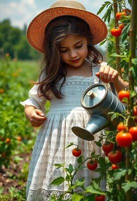 A young girl waters tomato plants in a garden