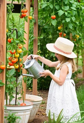 A young girl waters a tomato plant in her garden