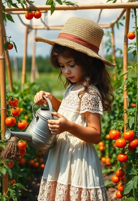 A young girl waters tomato plants in a garden