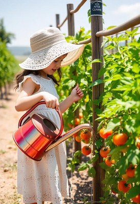 A young girl waters tomato plants in a garden