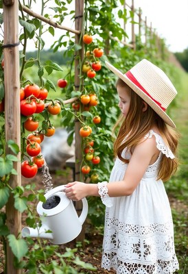 A young girl waters tomato plants in a garden