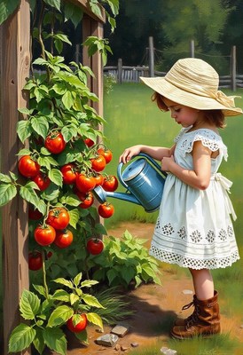 A little girl waters her tomato plants in the garden