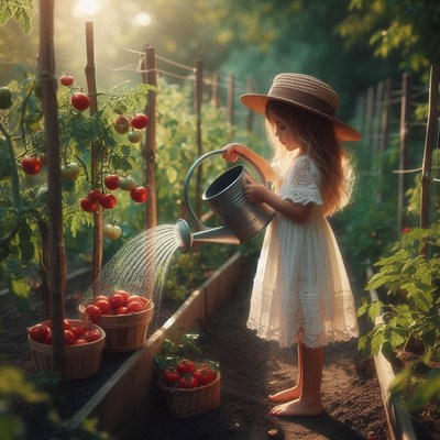 A young girl waters tomato plants in a garden