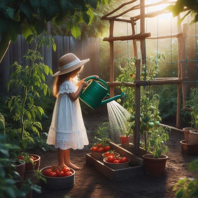 A young girl waters tomato plants in a garden