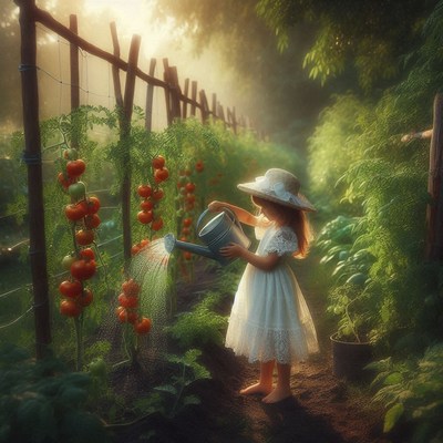 A young girl waters tomato plants in a garden