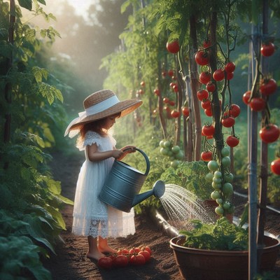 A young girl waters tomato plants in a garden