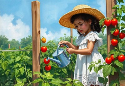 A young girl waters tomato plants in a garden