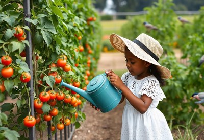 A young girl waters tomato plants in a garden