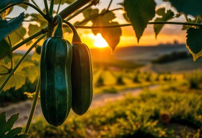 Green zucchini hang on a vine at sunset