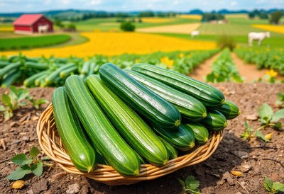 Fresh cucumbers in a basket on a farm