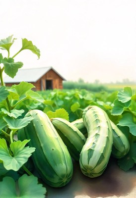 Fresh cucumbers in a field on a summer day