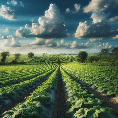 Lush green fields stretch under a cloudy sky