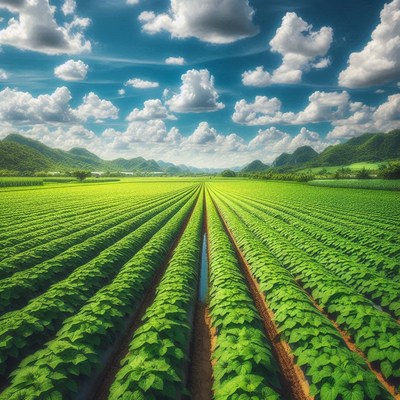 Green rows of crops extend towards the hills