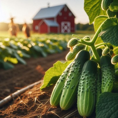 Fresh cucumbers growing in a field