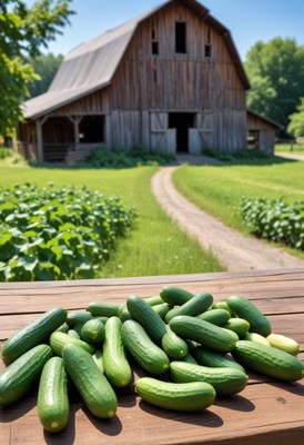 Fresh cucumbers on a wooden table in front of a barn