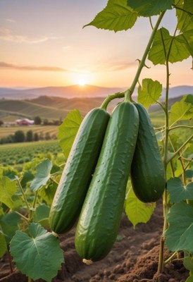 Three cucumbers hang on a vine at sunset