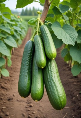 A bunch of cucumbers hanging from a vine in a field