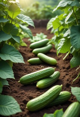 Fresh cucumbers lay on the ground in a garden
