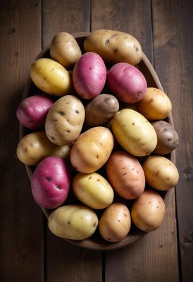 A bowl of potatoes sits on a wooden table