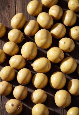 Yellow potatoes on a brown table