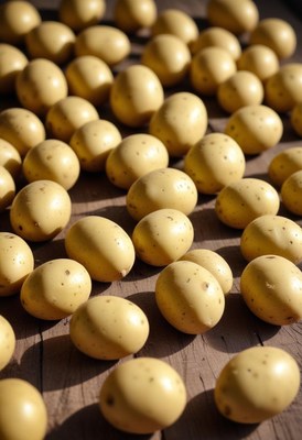 A pile of potatoes on a wooden surface