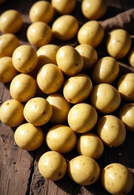 A pile of yellow potatoes on a wooden surface
