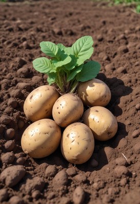 Freshly harvested potatoes with green shoots in the field