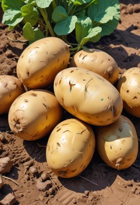 Freshly harvested potatoes lay in the field