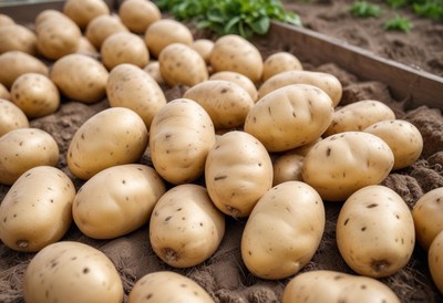 Freshly harvested potatoes lay in a garden bed