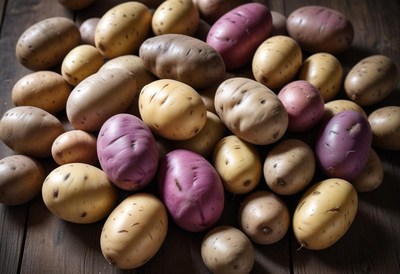 A pile of yellow and purple potatoes on a wooden table