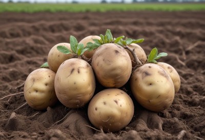 A pile of fresh potatoes sits in a field