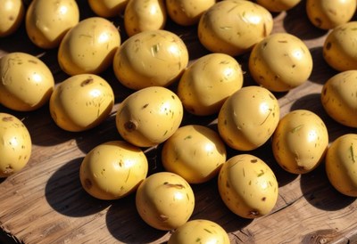 A pile of yellow potatoes sit on a wooden surface