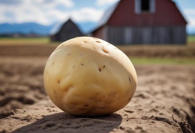 A large potato sits in a field