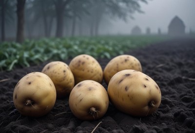 Fresh potatoes lie in a field on a foggy morning
