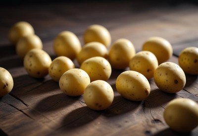 A group of potatoes sit on a wooden surface