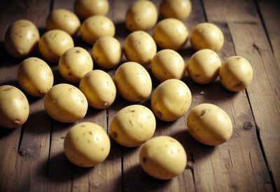 A pile of potatoes on a wooden table