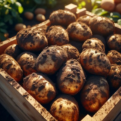 Freshly dug potatoes in a crate