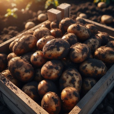 Freshly harvested potatoes in a wooden crate