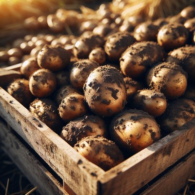 A crate of freshly harvested potatoes
