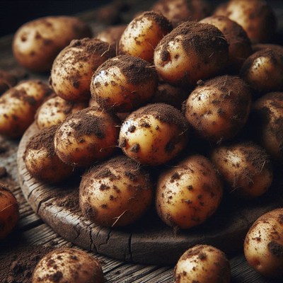 Freshly dug potatoes on a wooden board