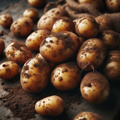 Freshly dug potatoes on a wooden table