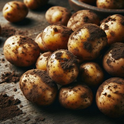 Freshly dug potatoes on a wooden table