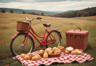 A red bicycle sits next to a picnic basket in a field