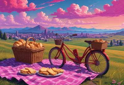 A picnic in the park with a bicycle and bread