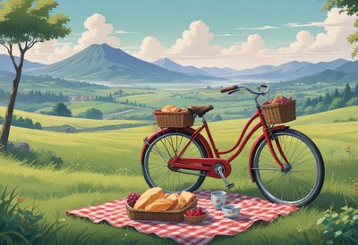 A red bicycle sits near a picnic in a field