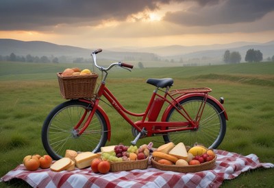 A red bicycle sits beside a picnic basket in a grassy field