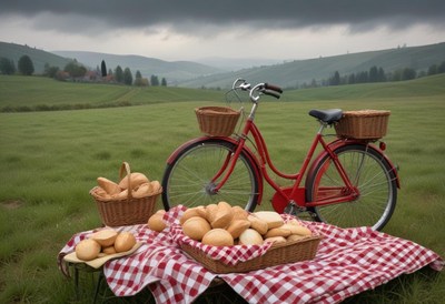 Red bicycle in a field with picnic baskets