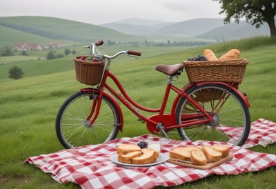 Red bike with picnic baskets on grass