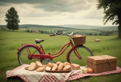 Red bike on grass with picnic blanket and bread