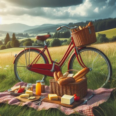 A red bike sits beside a picnic basket in a field